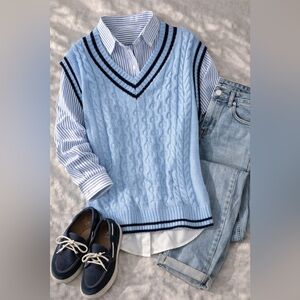 ✨ Varsity V-Neck Sweater Vest –  Light Blue & Navy Preppy Trend 🔥✨